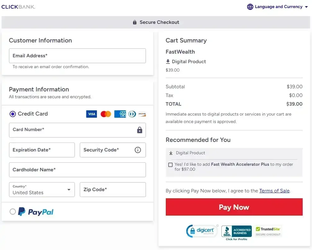 Secure checkout for Fast Wealth program with 120-day money-back guarantee